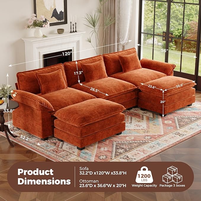 HUSFU 120 Cloud Couch Modular Sectional Sofa with Ottoman 3-Seat Modern Chenille Upholstered U-Shaped Deep Seat Sofa Couch for Living Room Bedroom and Apartment Orange
