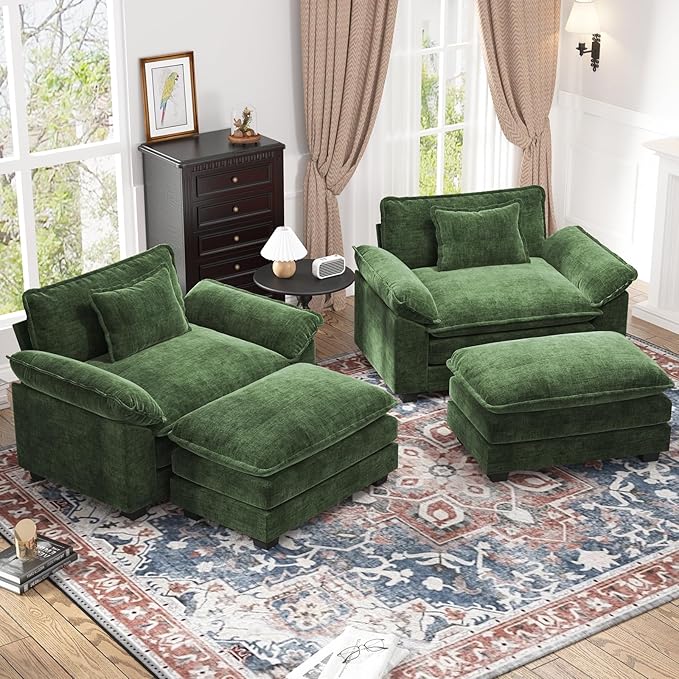 CDCASA Oversized Accent Chair with Ottoman Chenille Comfy Cloud Sofa Chair with Large Seat and Upholstered Armrests Modern Extra Wide Armchair Reading Chairs for Bedroom Living RoomSet of 2Green
