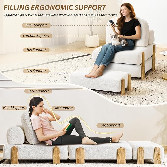 Convertible Folding Sofa Bed with Wood Frame 2-in-1 Sleeper Chair with Headrest &amp Lumbar Pillow Foldable Single Sofa Couch with High-Density Memory Foam for Living Room Guest Room Beige