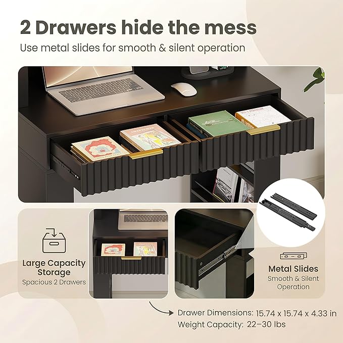 Arched Writing Desk with Hutch Home Office Desk with 2 Drawers Secretary Desk with Outlets 3 Color LED Lights Open Shelves Computer Desk for Small Space Bedroom 35.4 W x 70.8 H (Black)
