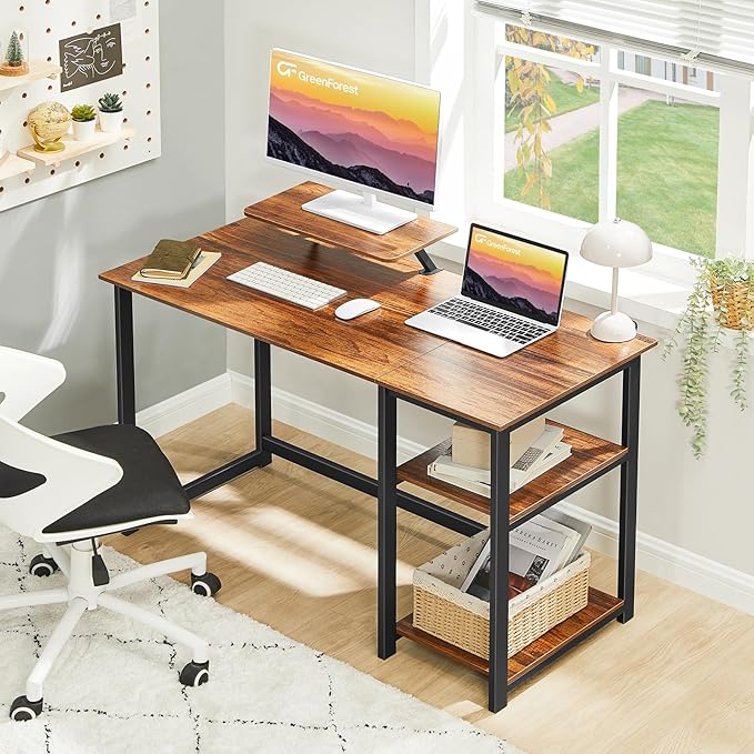 GreenForest Computer Desk with Monitor Stand47 inch Home Office Desk with Reversible Storage Shelves Modern Writing Study Work TableEasy AssemblyWalnut