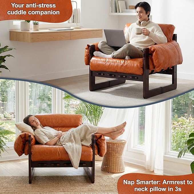 Mid Century Modern Accent Chair Leather Reading Chair with Solid Wood Frame and Removable Padded Armrests Upholstered Armchair for Living Room Balcony Lounge Reading Room Retro Orange