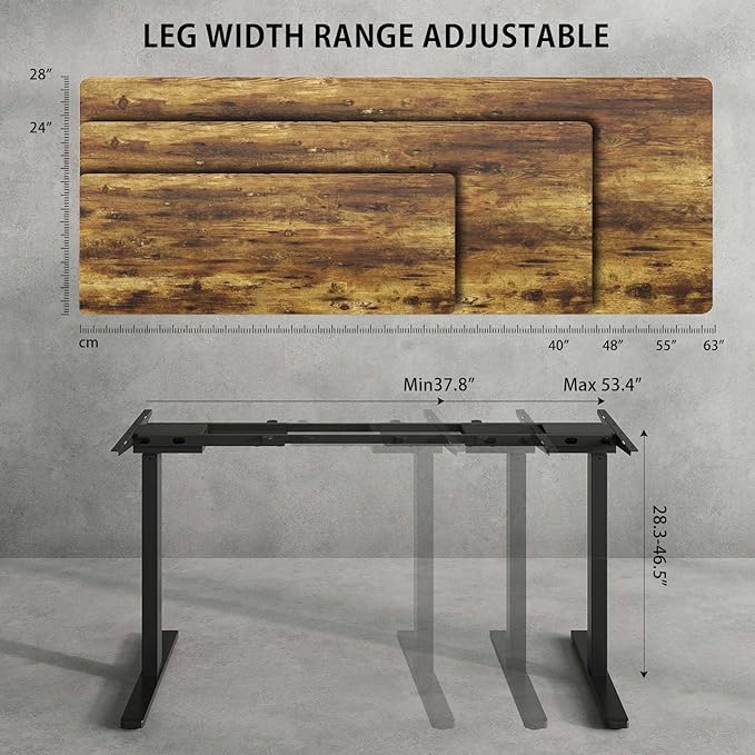 Dual Motor Electric Standing Desk FrameAdjustable height and lengthThe maximum size it can accommodate is 63*28 inches for the tabletop3 Preset HeightsRated for 264 pounds of weight.Black