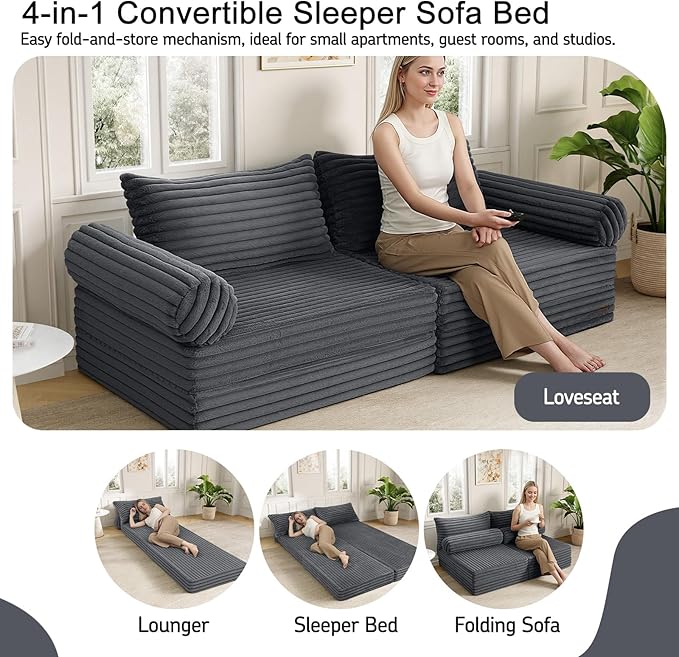 MeMoreCool Convertible Sofa Bed Folding Floor Couch Bed Queen Pull Out Sleeper Couch with Pillows Fold Out Futon Sofa for Bedroom Living Room Small Space Corduroy Grey
