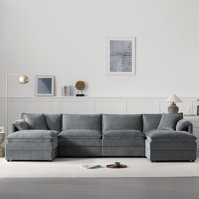 136 U Shaped Modern Cloud Sofa Modular Sectional Couch with 2 Ottoman 6-Seat Chenille Deep Seat Sofa with Pillow for Living Room Bedroom and Apartment Dark Grey