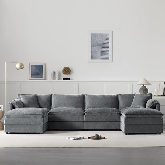 136 Chenille U-Shaped Modular Sectional Sofa with Deep and Wide SeatCloud Couch Set with Double Cushions6 Seat Sofa with Movable Ottomanfor Living Room Apartment Office (Dark Gray#h)