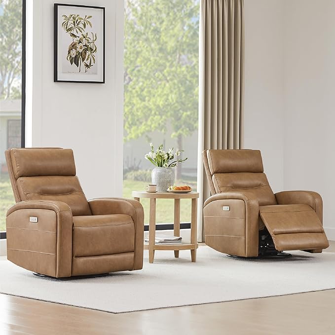 Watson &amp Whitely Swivel Power Recliner Glider Rocker Small Recliner with Charging Port for Living Room Faux Leather in Camel