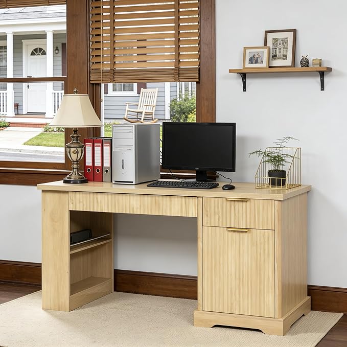 55“ Modern Fluted Executive Desk with Storage Wood Home Office Computer Desk with Drawers Charing Station Keyboard Tray Corner Workstation Writing Desk with Pegboard for Study Bedroom(Natural)