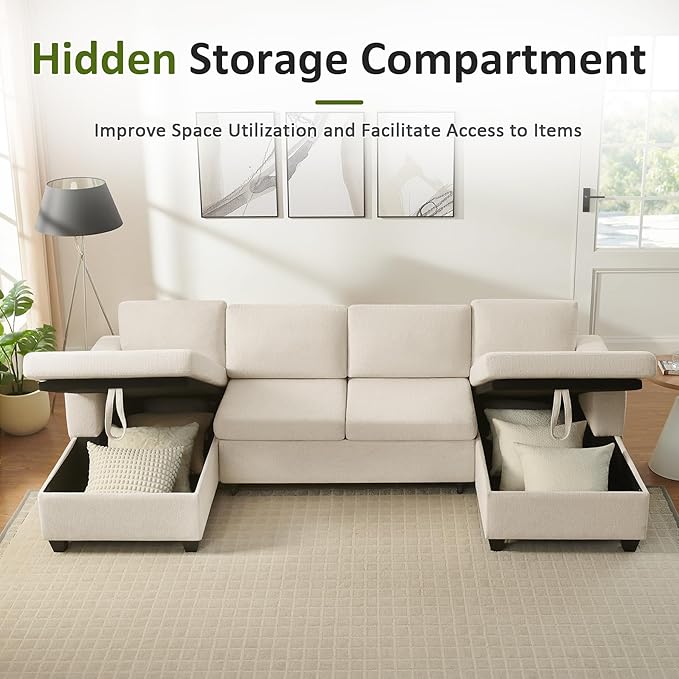 VANOMi U Shaped Sectional Sleeper Sofa with Pull Out Bed 113 Modular Sectional Sofa with Storage Chenille Couches for Living Room Apartment Office Beige | Large Storage Space with 2 Chaise with