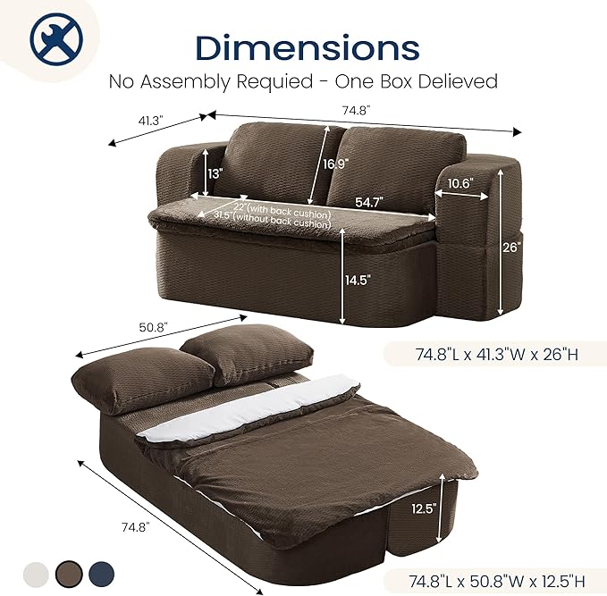74.8 Inch Convertible Sleeper Sofa Bed Compressed Loveseat Sofa Folding Floor Mattress with Pillows and Blanket Small Couches for Living Room Bedroom Lounge No Assembly Required (Dark Brown)