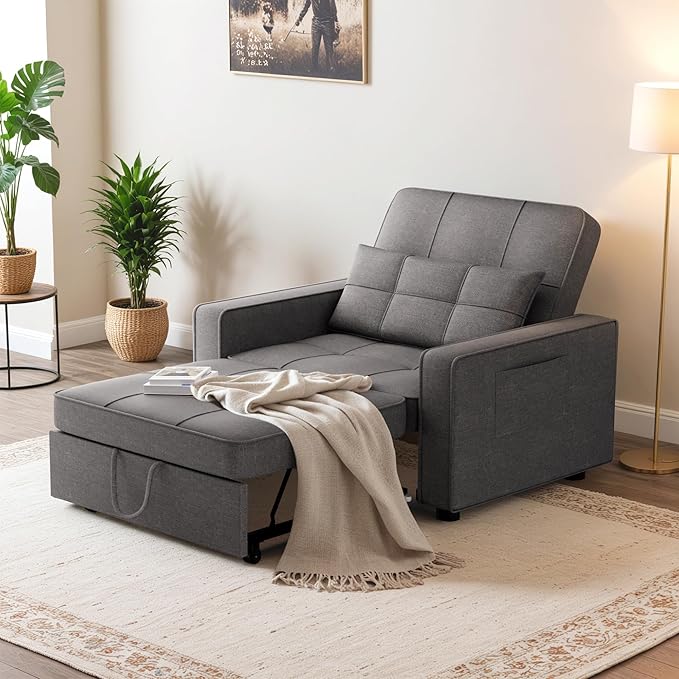 Flamaker Sofa Bed Sleeper Sofa 3-in-1 Adjustable Couch Bed with Modern Linen Fabric Convertible Sleeper Chair Couches for Living Room Apartment and Small Space (Graphite Gray)