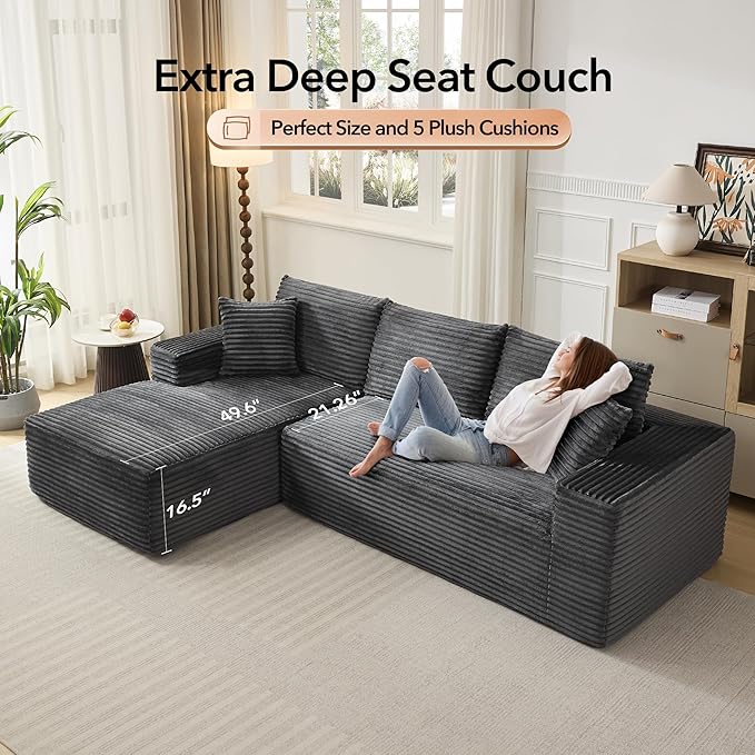108'' Modular Sectional SofaComfy Cloud Couch with L Shaped ChaiseModern Deep Seat Boneless Couch for Living Room3 SeaterNo Assembly Required (Left-Facing ChaiseDark Gray)