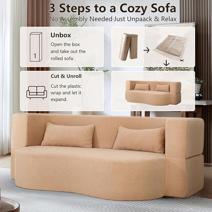2-in-1 Convertible Sofa Bed 79 Memory Foam Boneless Couch Bed Full Size Love Seat Sleeper Sofa Floor Couch Loveseat with 2 Pillows for Living Room Bedroom Apartment Office (Apricot 79)