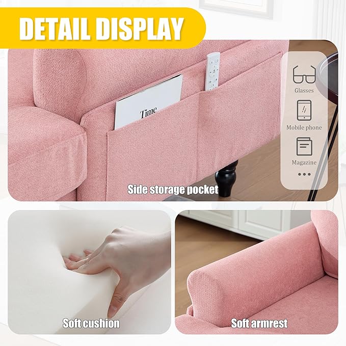 KEIKI Chaise Lounge Chair Indoor Oversized Accent Chenille Armchair with Storage Leisure Sleeper Single Sofa Side Chair Corner Recliner Arm Chairs for Living Room Reading Easy Assembly Pink