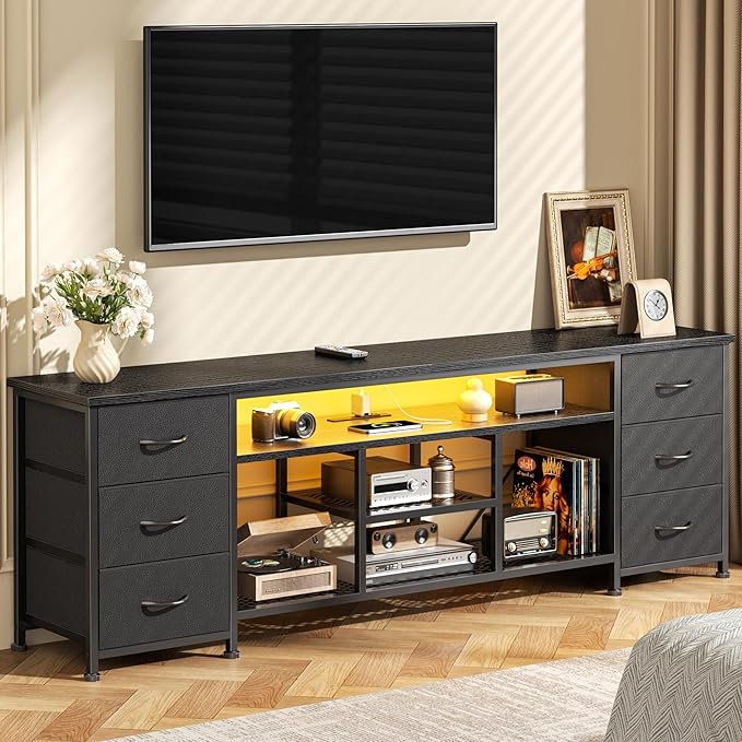 Furologee LED TV Stand for 65 70 Inch TV 63 Inch Entertainment Center with Power Outlets 6 Fabric Drawers Dresser for Bedroom Media Console with Open Shelves PU Leather Surface Black