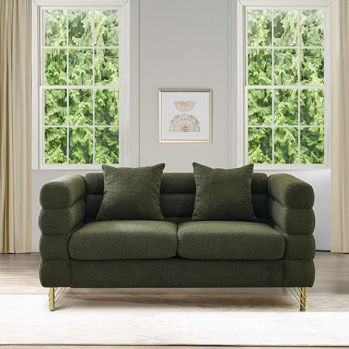 Loveseat Sofa Modern Couch 60 W Teddy Bouclé Comfy Cloud Sofa with Gold Legs &amp Pillows Upholstered Tufted Deep Seat Cozy Sherpa Couch for Living Room Bedroom Office Apartment(2 Seater Green