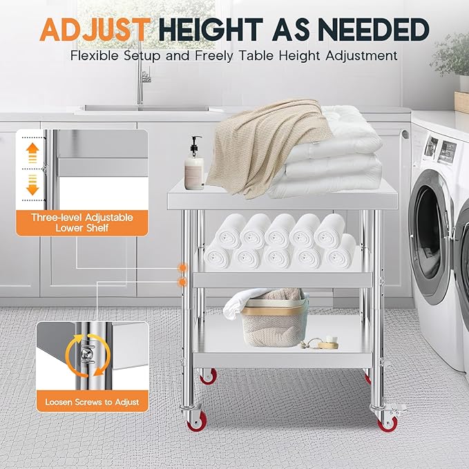Jocisland 22 x 36 Three-Tier Stainless Steel Table NSF Certified for Prep &amp Work with Wheels Adjustable Under Shelf for Commercial Kitchen Restaurant Hotel and Garage