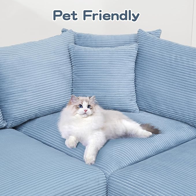 92 Modular Section 2 Seater L-Shaped Corner Sofa with Ottoman Convertible Modern Corduroy Couch with Wide Armrest and Deep Seat Solid Wood Frame Boneless Sofa with 10 Pillows Blue