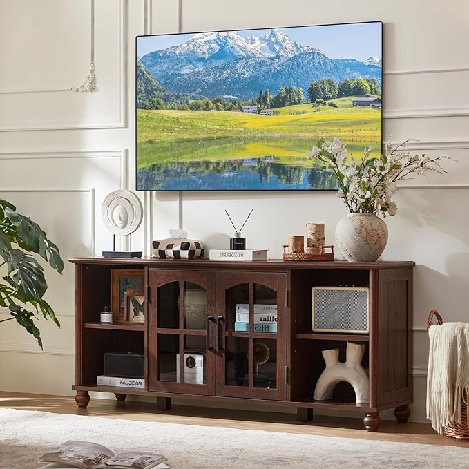 Farmhouse TV Stand for 60 Inch TV Wood Entertainment Center with Glass Door Storage Cabinet &amp Adjustable ShelvesTelevision Stands for 65 TVS TV Console Table for Living RoomBedroomWalnut