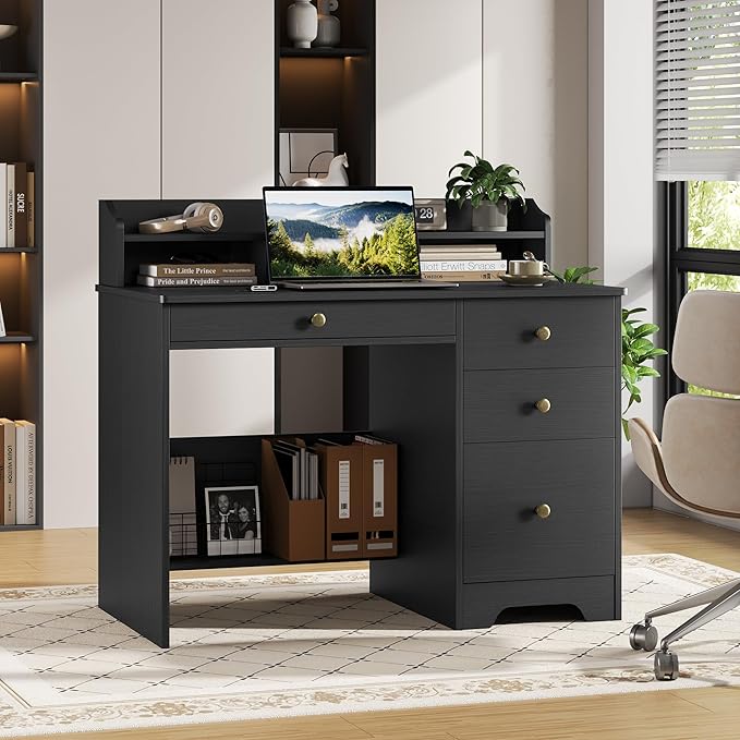 TTVIEW Computer Desk with Drawers and Hutch Shelf Wood Executive Desk Writing Study Table with 43” Wide Tabletop Small Desk with File Drawer for Home Office Bedroom Black