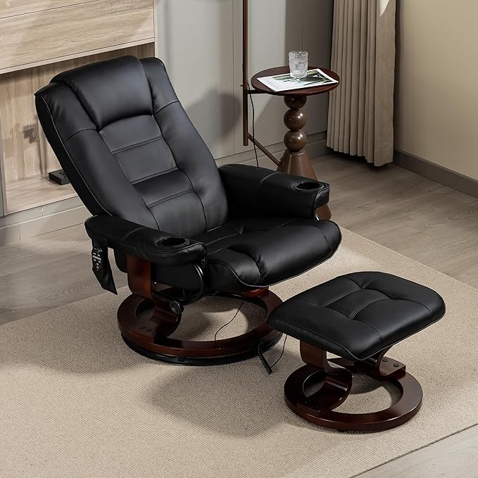 Massage Recliner with Ottoman PU Leather Reclining Chair w/ 8-Point Massager &amp Heated Solid Wood Base Indoor Lounge TV Chair with Foot Rest for Living Room Bedroom Black