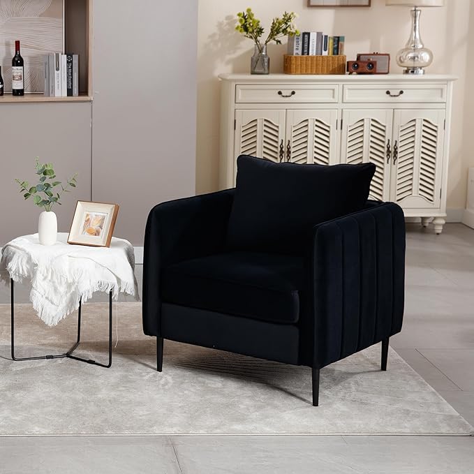 Modern Velvet Accent Chair Single Sofa Chairs Armchair with Square Arm Upholstered Accent Chairs for Living Room Bedroom Apartment (Black Chair)