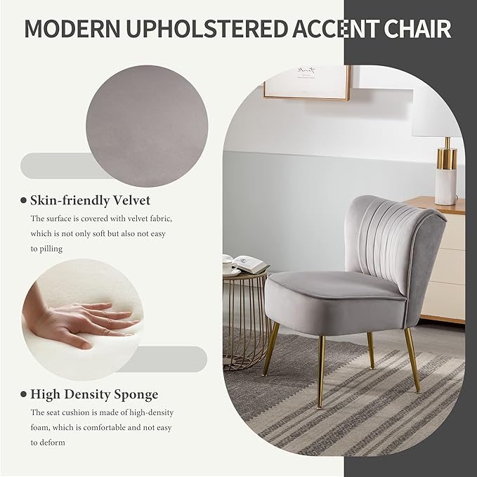 KCC Modern Velvet Upholstered Accent Chair Set of 4Mid Century Living Room Chairs with Golden LegsComfy Armless Chair Wingback Single Sofa Side Chair for BedroomLight Gray
