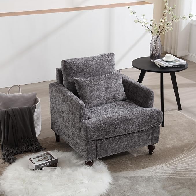 Mid Century Modern Accent Chair with 2 Pillows Chenille Upholstered Armchair with Solid Wood Legs and Thick Cushion Tufted Club Chair Comfy Reading Chair Lounge Chair for Living Room Bedroom Grey