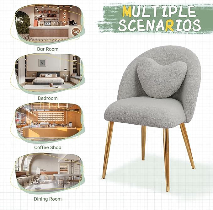 Vanity ChairAccent Makeup Comfy Cute Desk Girls Fluffy Chairs for Bedroom No Wheels Gold Metal Legs Stool (Teddy Grey)
