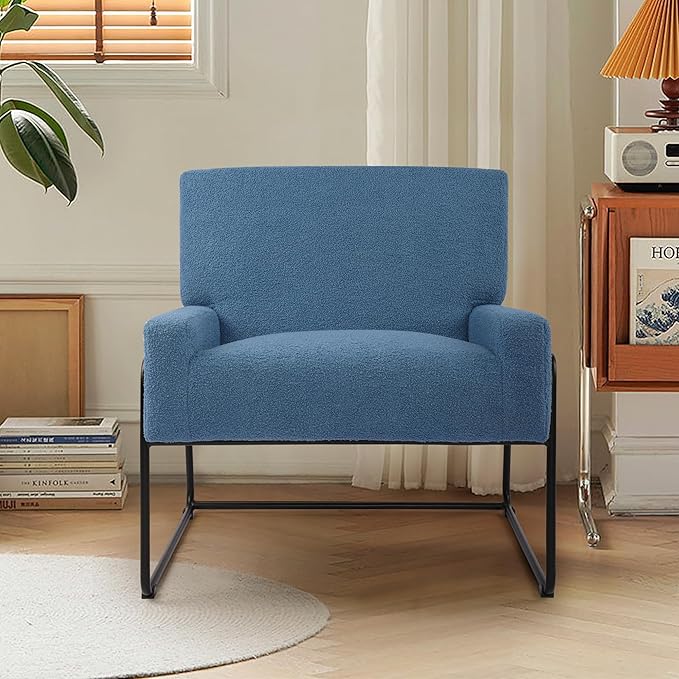 LSSBOUGHT Sherpa Accent Chair Modern Upholstered Single Sofa with Metal Legs Teddy Barrel Arm Chair for Reading Living Room Bedroom Office Blue