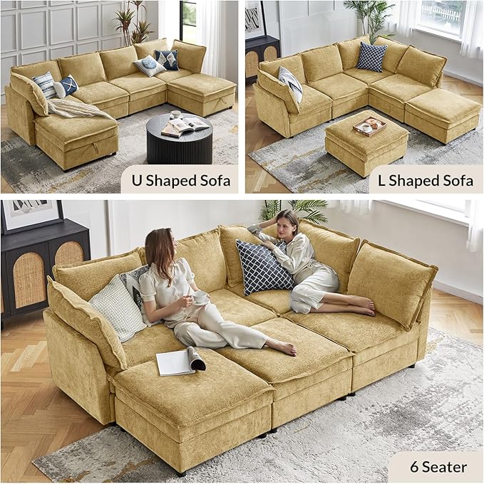 HULALA HOME Modern Chenille Sofa Set Single Seat Sofa 3 Seat Sofa 2 Piece Cloud Couches Set with Storage Comfy Deep Upholstered Armchair Couches for Living Room Apartment Cream