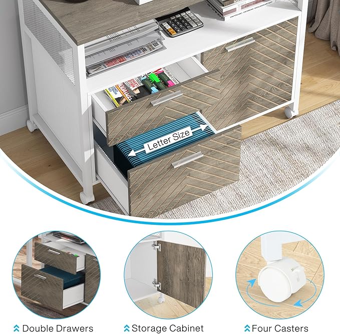 Tribesigns Modern File Cabinet with Drawers for Letter-Sized File and Door Lockable lateral Filing Cabinet Printer Stand with Storage Shelves and with Rolling Caster for Home Office (Oak)