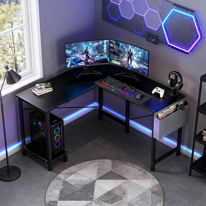 OLIXIS L Shaped Desk 50-Inch Office Computer Gaming Desks Corner PC Table with Side Bag and Reversible Shelf for Home Work Study Writing Black