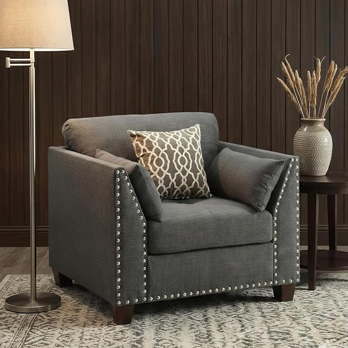 Dreamzie Modern Linen Accent Chair Upholstered Armchair with Nailhead Trim &amp 3 Throw Pillows Single Sofa Reading Chair for Living Room &amp Bedroom Solid Wood Legs (Light Gray)