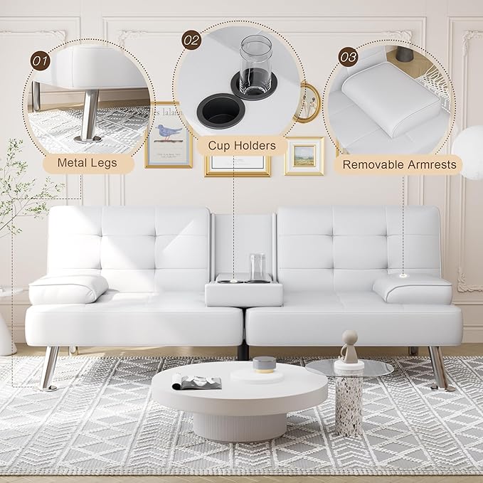 Shahoo Convertible Folding Futon Sofa Bed Sleeper Couch for Living Room Faux Leather Upholstered Loveseat w/Removable Armrests Metal Legs 2 Cup Holders White