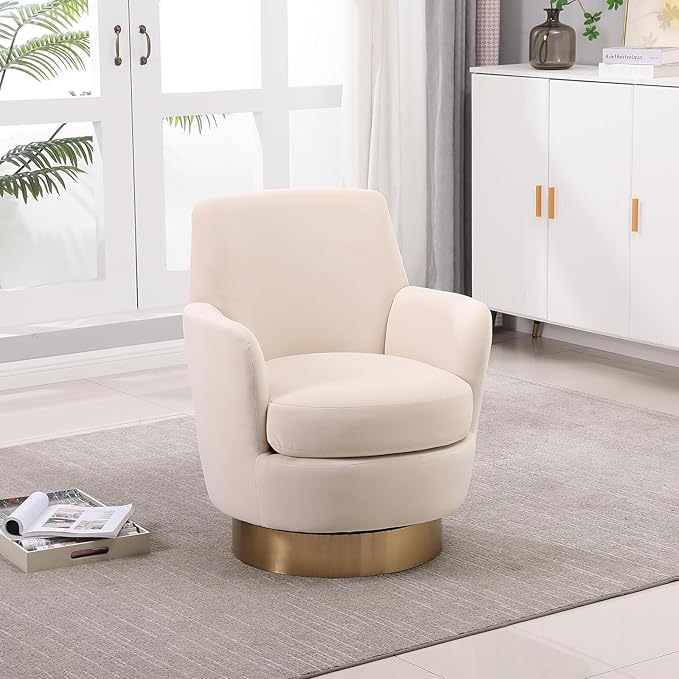 360° Swivel Barrel Chair Set of 2 28.3 Modern Velvet Round Accent Chair Comfy Upholstered Small Armchair with Gold Metal Base for Living Room Bedroom Nursery Office Sillas para Sala Beige