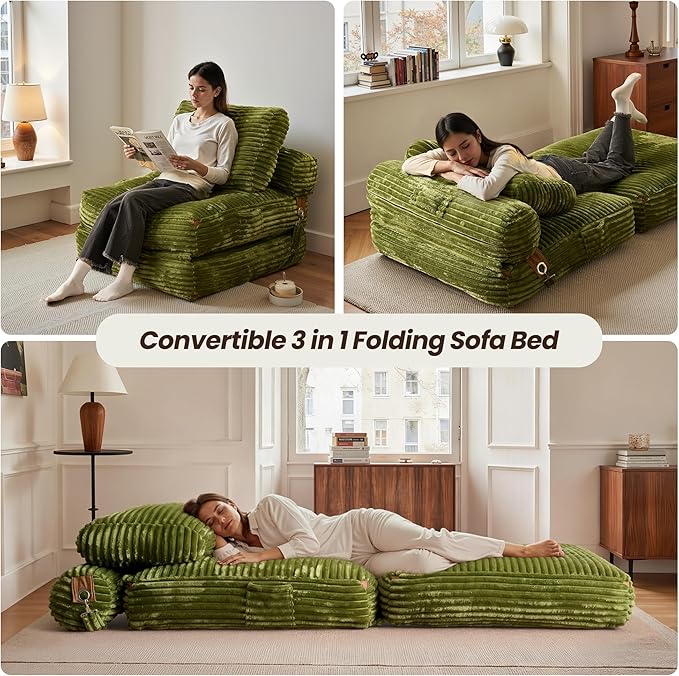 ovios Folding Sofa Bed Foldable Sleeper Chair Floor Futon Comfy Portable Convertible Fold Out Lounge Chairs for Living Room Bedroom Green