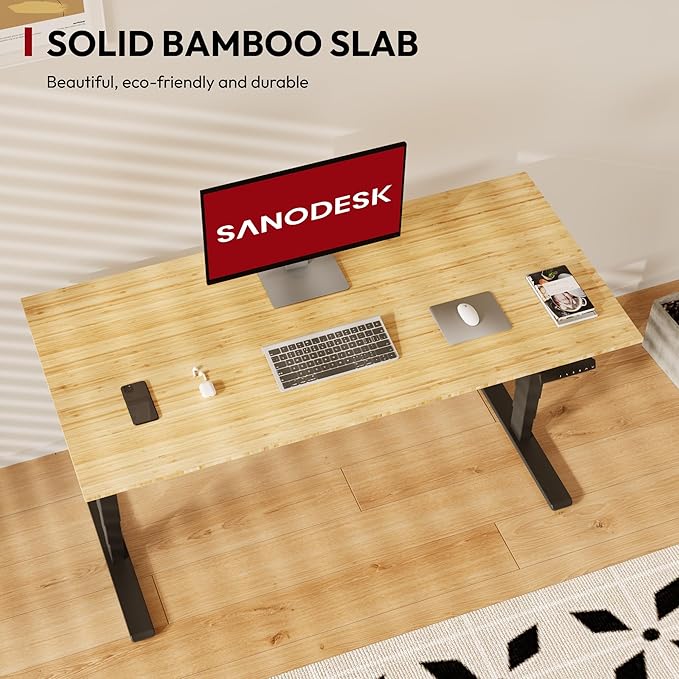 SANODESK Standing Desk with Dual Motor 3-Stage Lifting Column Handset with 3 Preset and Sit-Stand Reminder - 60 inch Whole Piece Real Bamboo/Black Frame Height Adjustable Desk for Home and Office
