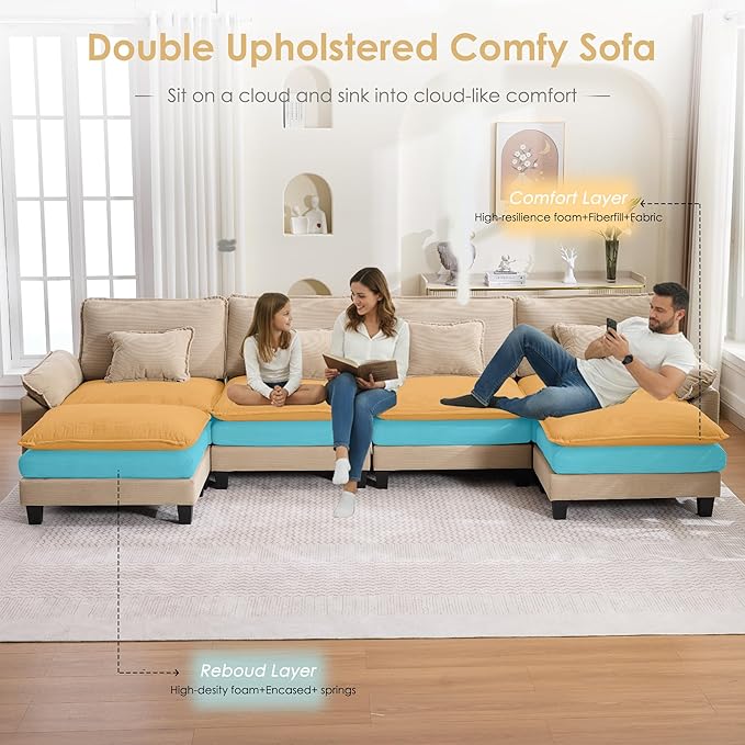 URRED Modular Cloud Couch Sectional Sofa 157 U Shaped Deep Seat Sofa with 2 Ottomans &amp Pillows Ultra Comfy Corduroy 4-Seater Sofa for Living Room Apartment or Bedroom Khaki | Corduroy Fabric