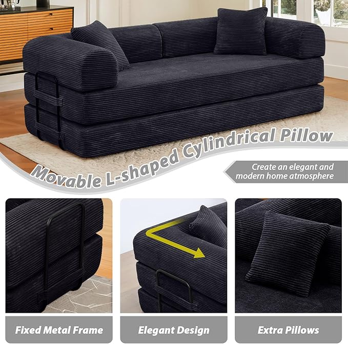 78 Convertible Sleeper Sofa Bed with Cylindrical Pillow Corduroy Folding Mattress Couch with Fixed Frame Floor Sofa Lounge Couch for Living Room Bedroom Apartment Black