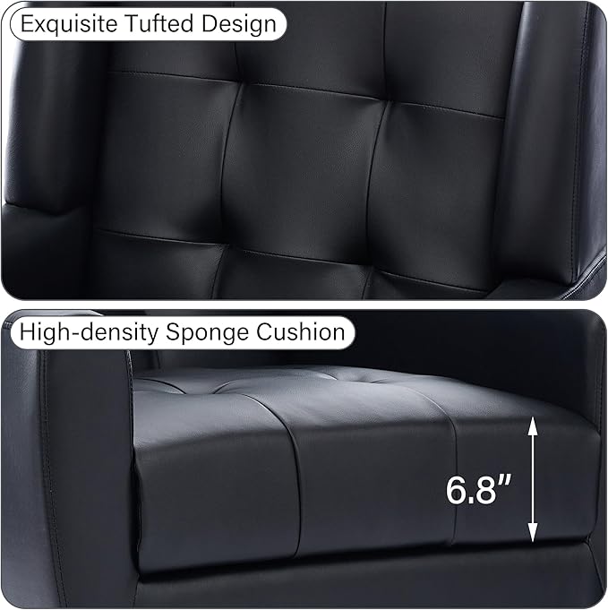 Accent Chair Comfy Mid Century Modern Small Armchairs with Solid Wood Frame and Soft Cushion for Living Room Bedroom (Faux Leather Black Set of 1)