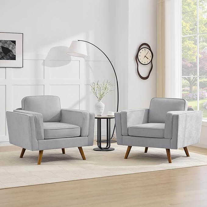 Kingfun Modern Accent Chair Set of 2 Living Room Chairs Chenille Reading Armchair Mid Century with Dual-Layer Armrests Solid Wood Frame Easy Assembly for Small Spaces Light Gray