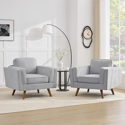 Kingfun Modern Accent Chair Set of 2 Living Room Chairs Chenille Reading Armchair Mid Century with Dual-Layer Armrests Solid Wood Frame Easy Assembly for Small Spaces Light Gray