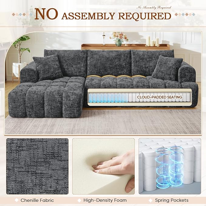 108 W Modular Sectionals SofaCloud Boneless Couch with ChaiseChenille Tufted Deep Seat L Shaped CouchModern Compression Foam Sofa for Living Room BedroomNo Assembly Required(Left FacingGrey)