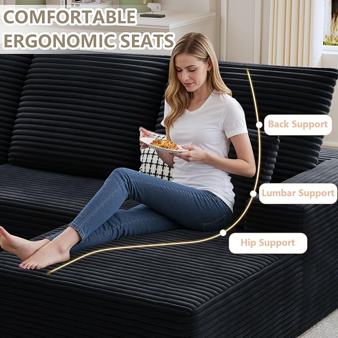 107 Cloud Sectional Couch with U-Shaped Chaise Corduroy Sectional Sofa with Ottoman Boneless Couch with Deep Seat in a Box for Living Room No Assembly Required (Black Right Facing Chaise)