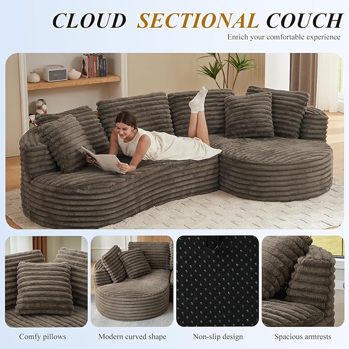 120'' Boneless Modular Sectional Curved Sofa Upholstered Cloud L Shaped Couch with Chaise Oversized Home Sofa Living Room Corduroy Couch No Assembly Required (Dark Brown Right Facing Chaise)