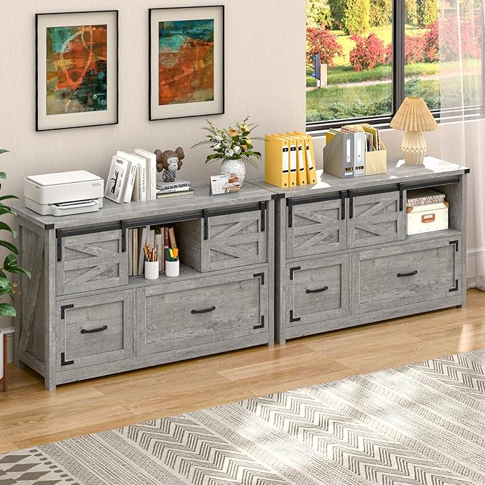 Vabches Lateral File Cabinets 2 Drawer with Sliding Barn Doors Farmhouse Filing Cabinet with 2 Drawer for Home OfficeFiling Organization Storage Cabinets for Hanging Files Letter/Legal/F4/A4.Grey