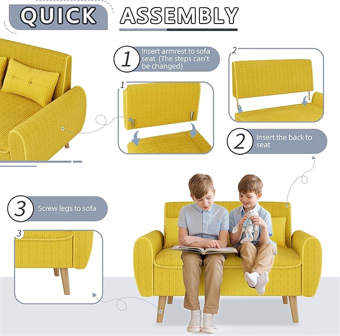 Shintenchi 47 Small Modern Loveseat Couch Sofa Fabric Upholstered 2-Seat Sofa Love Seat Furniture with 2 Pillows Wood Leg for Small Space Living Room Bedroom Apartment Yellow
