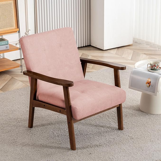Mid Century Modern Accent Chairs for Living Room Comfy Bedroom Chairs for AdultsSmall Wide Reading Nook Arm Chair 105° Ergonomic Cozy Pink Corduroy Armchair with Rubber Wood