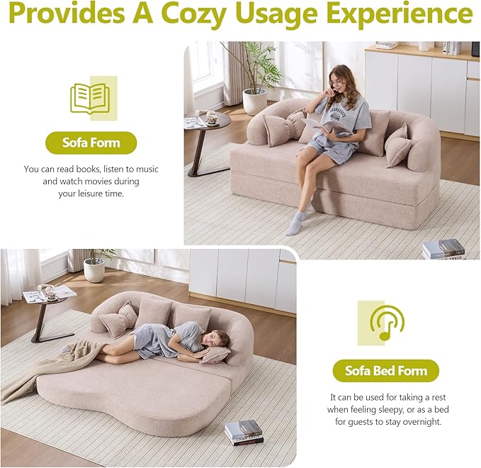 69.9 Folding Sofa Bed Full Sponge Convertible Sofa Bed with Wood Grain Chenille Fabric Easy to Carry Multi-Functional Guest Bed for Living Room Apartment Office